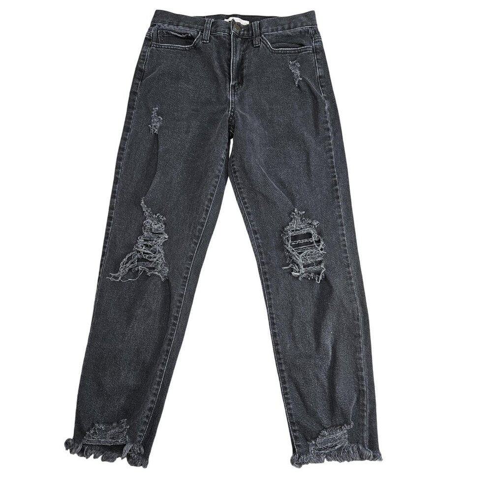 SO High Rise Mom Jeans Juniors 5/27W Gray Charcoal Distressed Stretch Denim